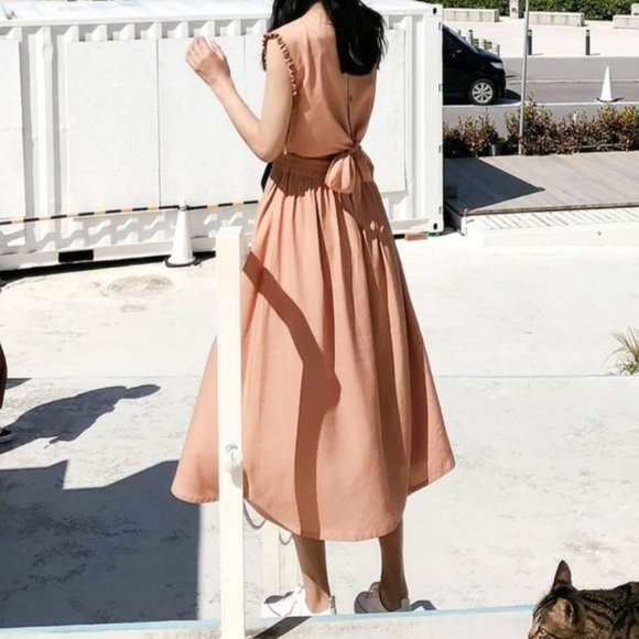 Pink Sleeveless Midi A-line Dress Button Up Cutout Back - Picture 3 of 4